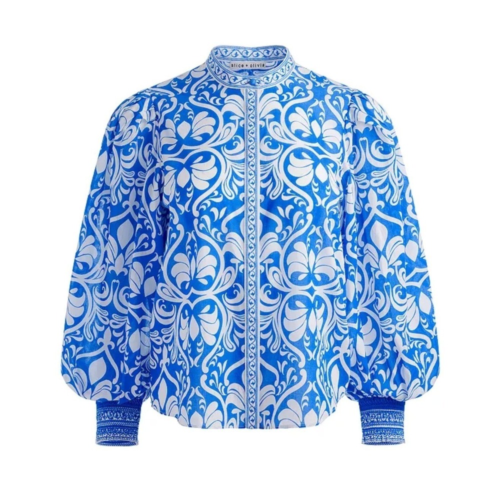 Alice + Olivia April Blouse Damask Puff Sleeve Soiree True Blue LARGE